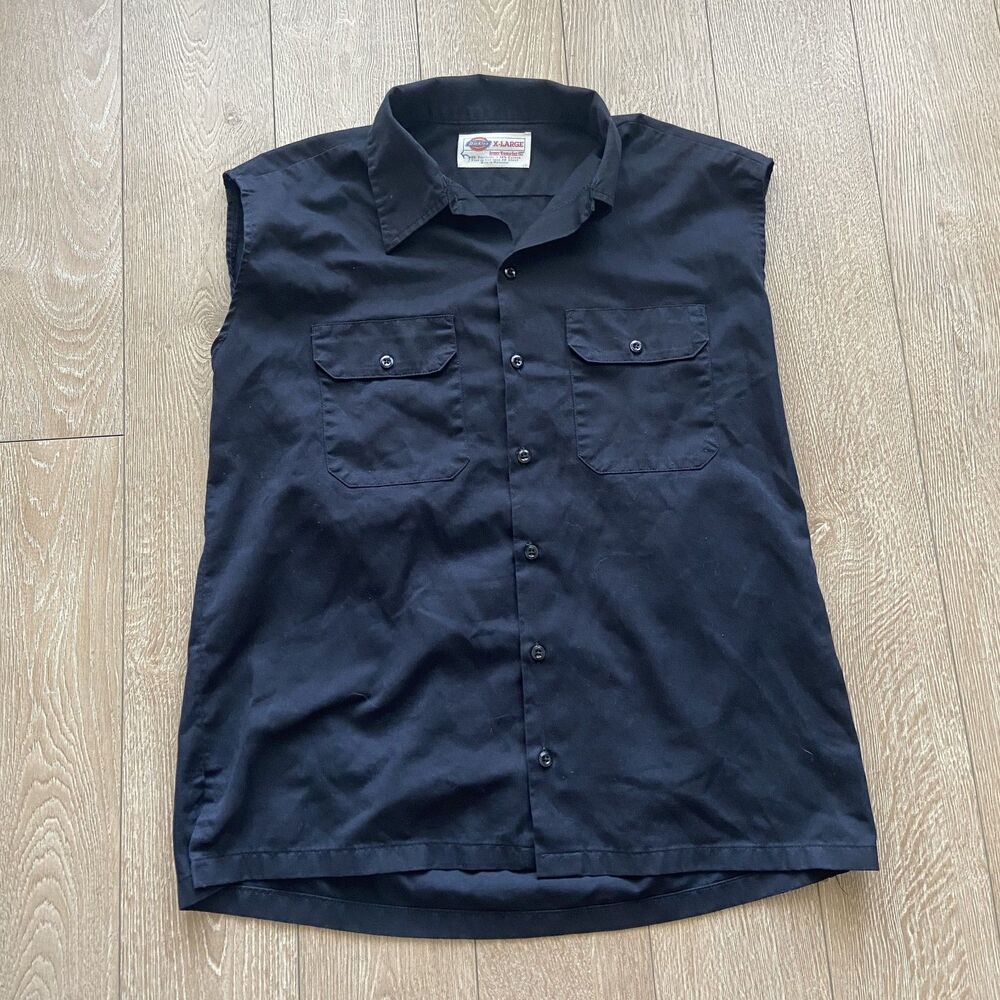 Vintage Dickies Black Workwear Vest Sleeveless Button Front Utility 100% Cotton